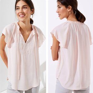 Loft Pink Embroidered Ruffle Tie Neck Blouse